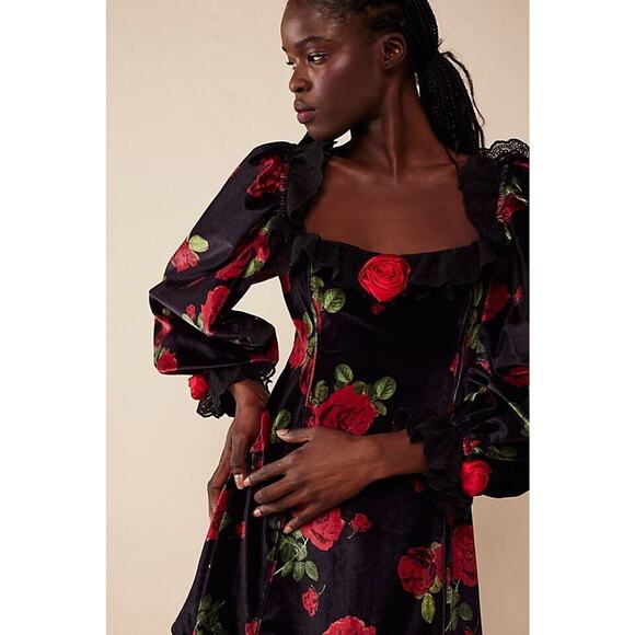 For Love & Lemons Yara Floral Mini Fairy Whimsigoth Velvet Babydoll Dress Sz XL - Picture 7 of 16